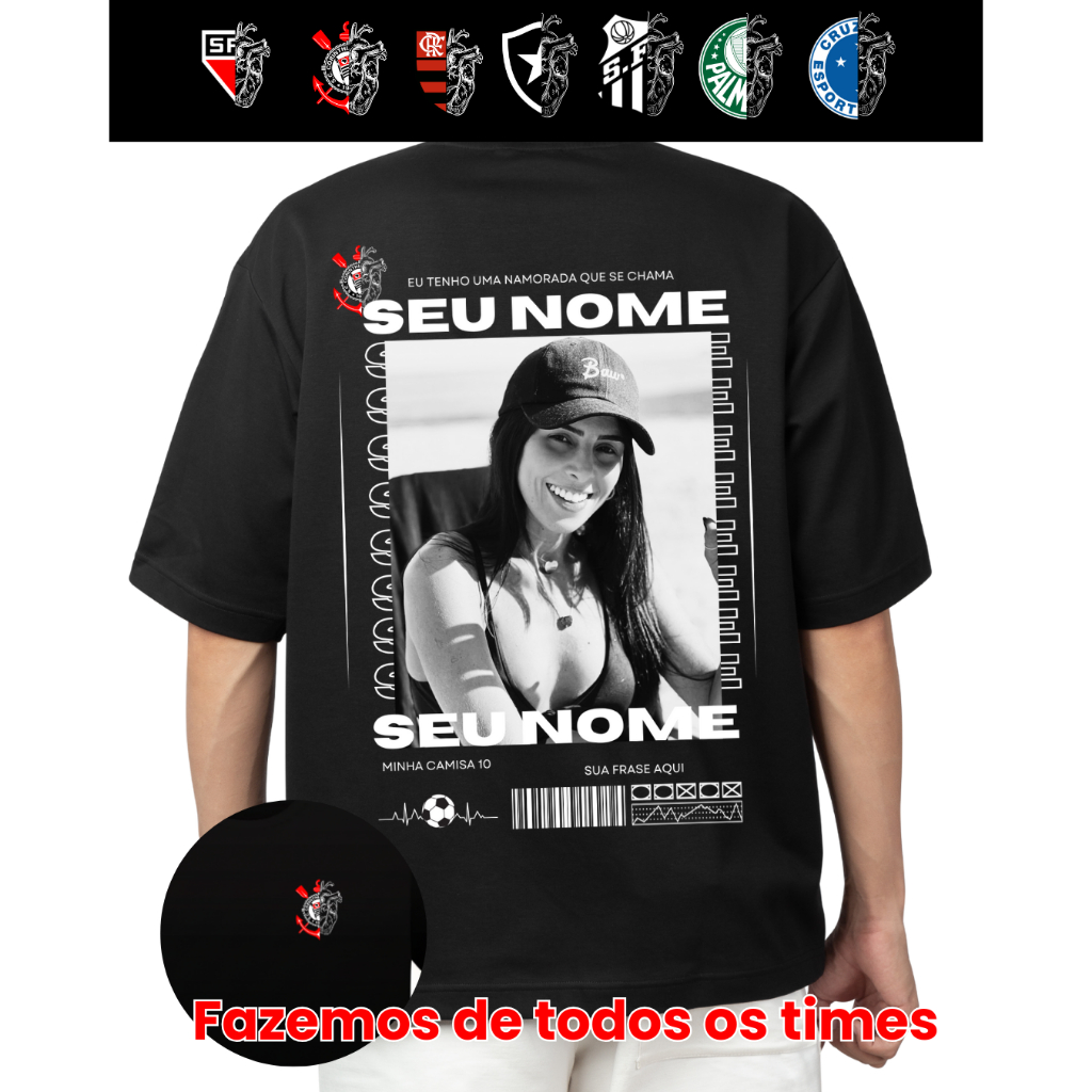Camiseta Casal Personalizada Time Inicial Foto Nome Costas Oversized Unissex P ao G3