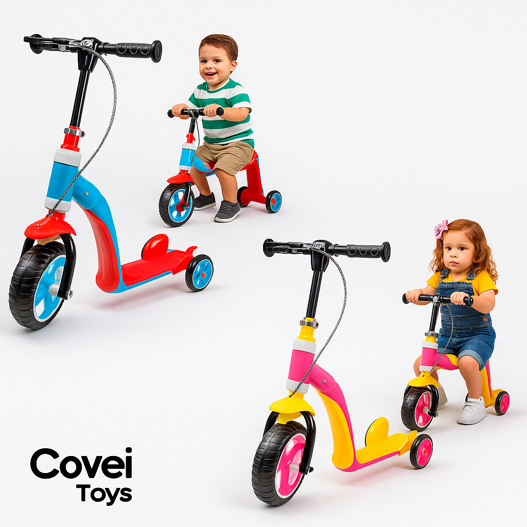 Patinete Andador Infantil 3 Rodas Ajustável Scooter Com Freio Dobrável 2 em 1 Menino Menina Covei Toys