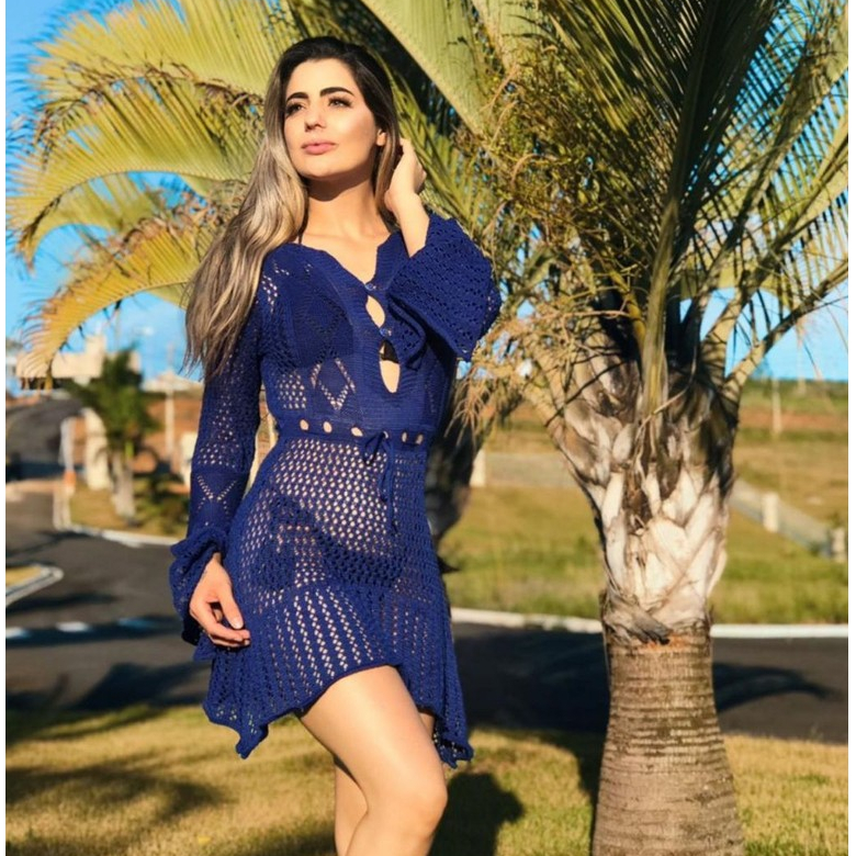 Saída De Praia Manga Flare Vestido em Tricot Crochê Elegante Moda Feminina Praia Verão