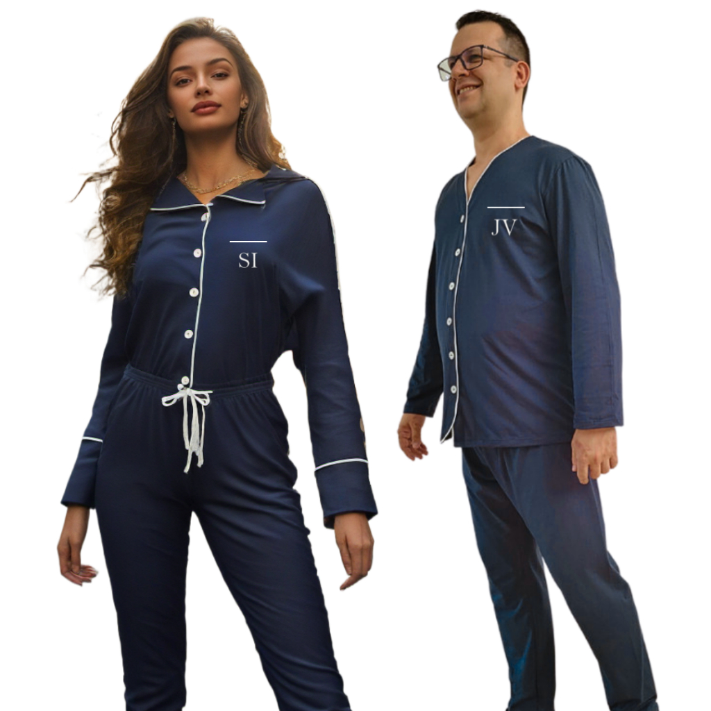 Pijama Americano de Botão com Bordado Personalizado Inverno