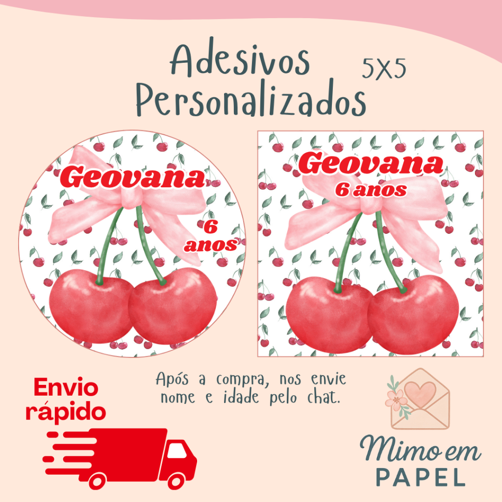 40/60/100 unidades Adesivos CEREJA personalizados 5x5 para festa (Envio rápido) em Oferta na Shopee