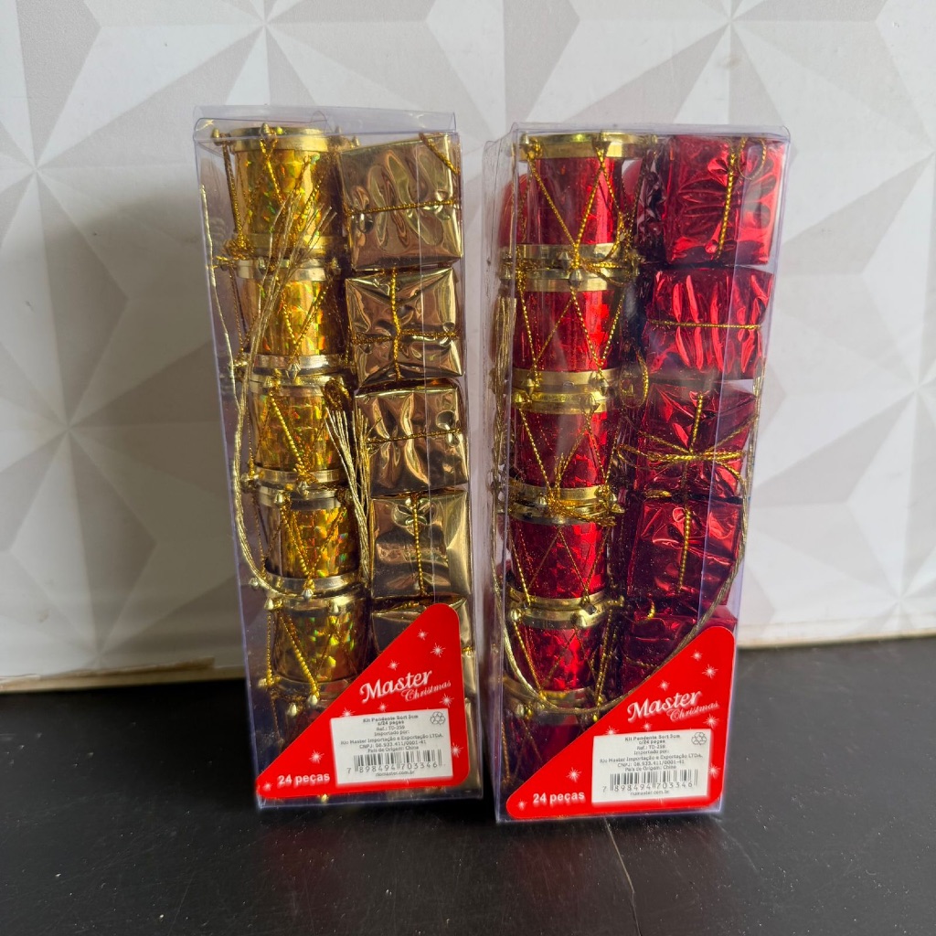 Kit enfeite de Natal dourado ou vermelho para árvore com bola tambor e presente com 24 peças - pendente arvore bolas