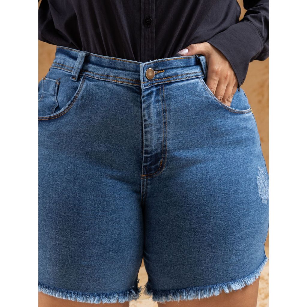 short feminino jeans plus size que estica bolso barra desfiada cós alto elastano premium em Oferta na Shopee