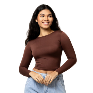 Blusa Feminina Manga Longa Blusinha Manga Comprida Ajuste Perfeito Baby Tee em Oferta na Shopee