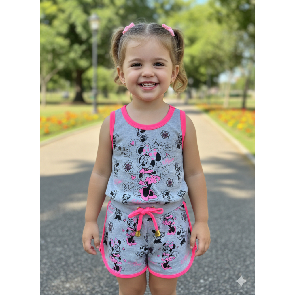 Conjunto Personagens Stitch e Minnie 2 Peças Regatinha e Short Moletom infantil Bebê Feminino menina criança