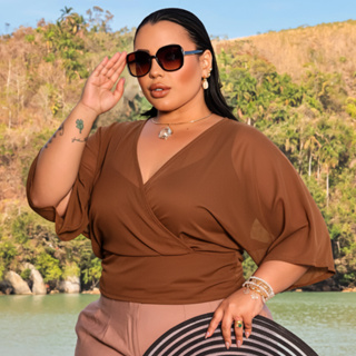 ❤️Conjunto 2 Peças Blusa Social Feminina Forro + Tule Gola V Manga Curta Sofisticado Tamanho G1 em Oferta na Shopee