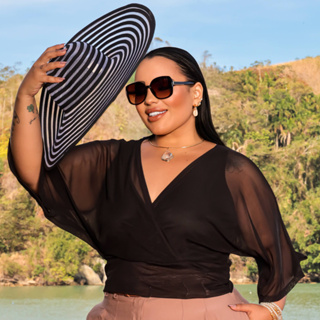 ❤️Conjunto 2 Peças Blusa Social Feminina Forro + Tule Gola V Manga Curta Sofisticado Tamanho G1 em Oferta na Shopee