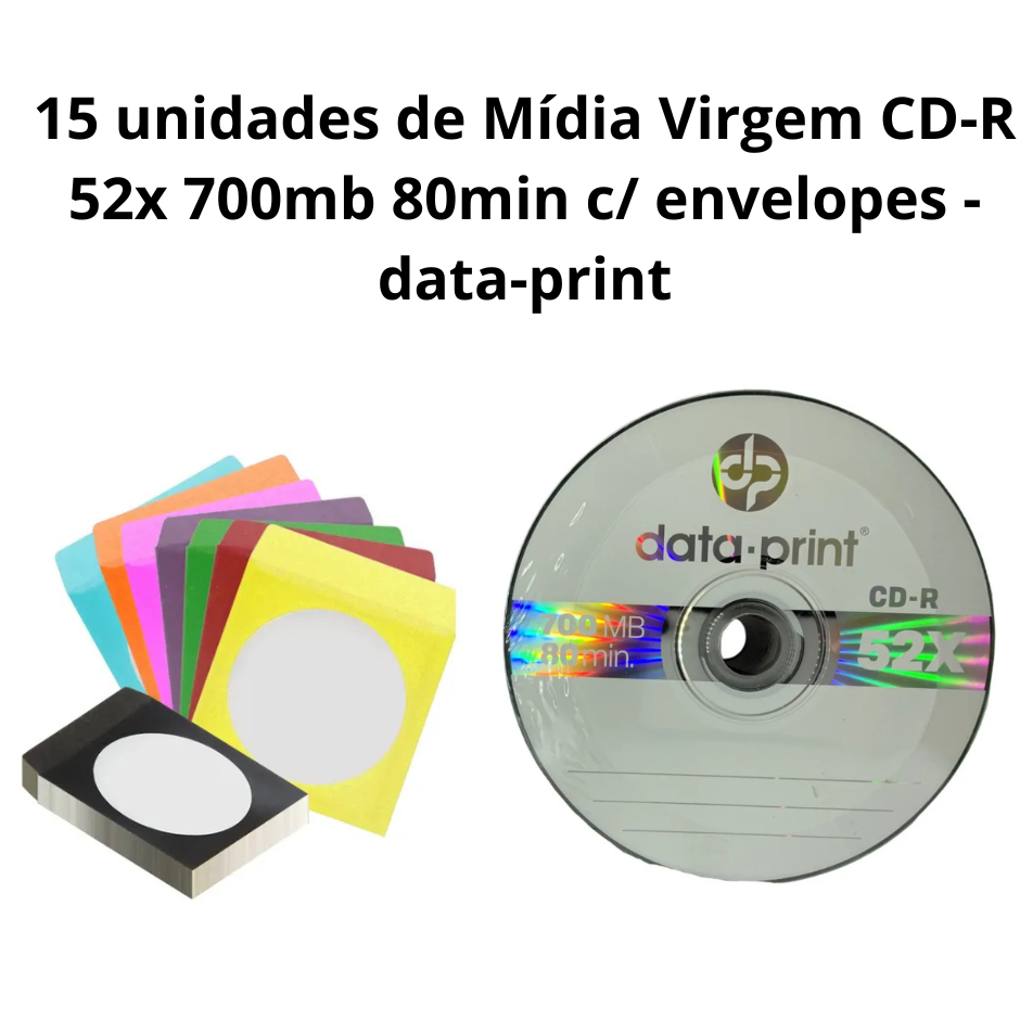 15 unidades de Mídia Virgem CD-R 52x 700mb 80min c/ envelopes - data-print C/ Envelopes