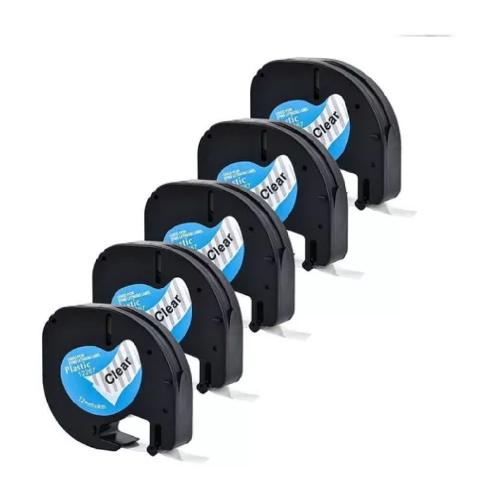 5 Fitas Rotulador Dymo 12267 Letratag 100h Transparente Letra Preta 12mm x 4mts
