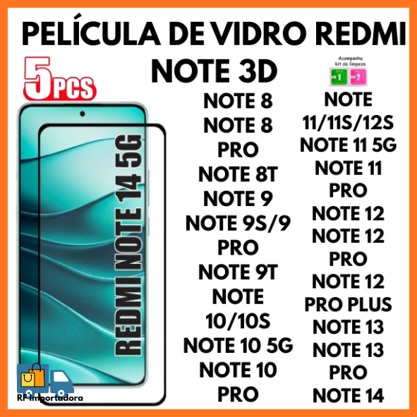 Película De Vidro 3D Temperado Para Redmi Note 8 9 10 11 12 13 14 4G/5G PRO PLUS