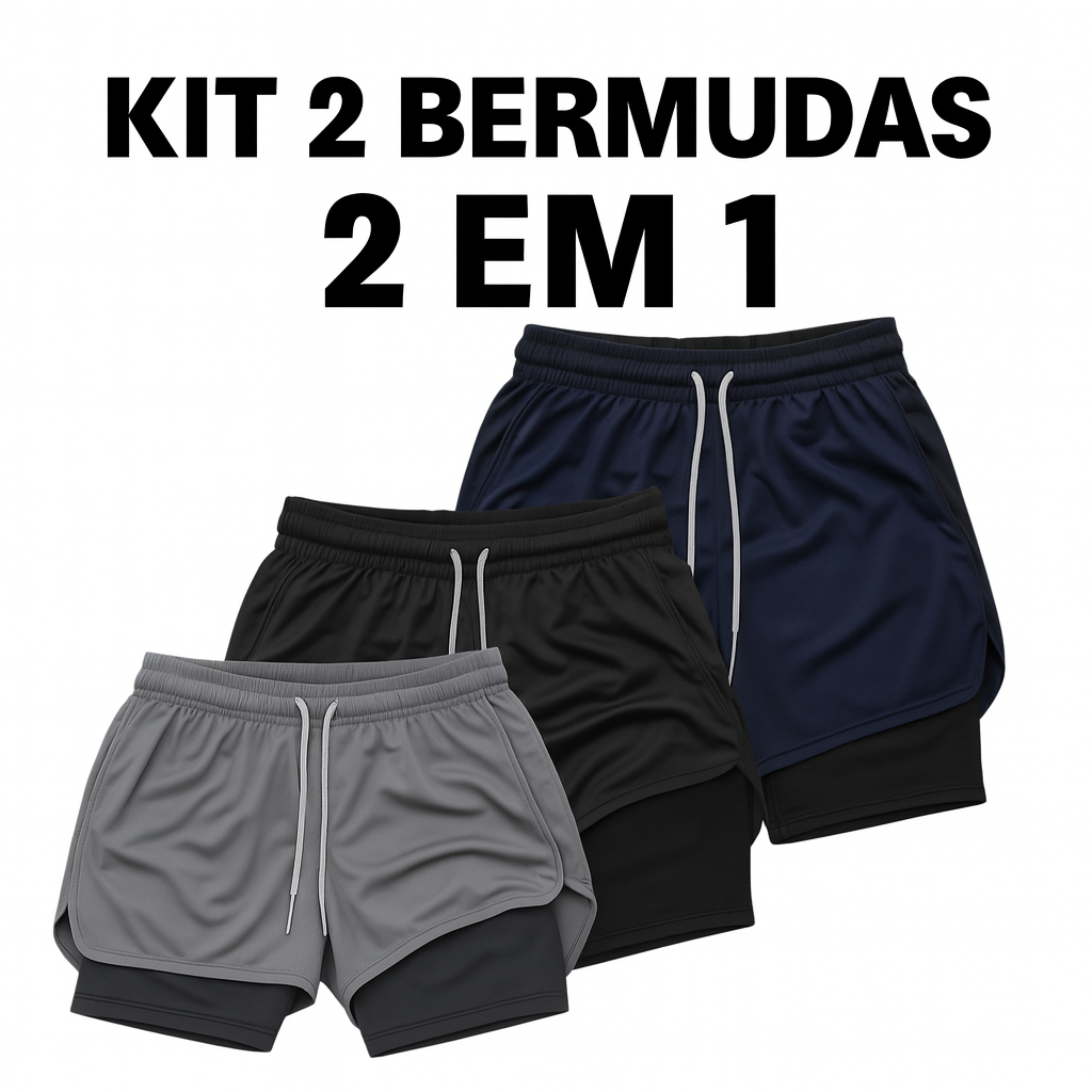 Kit 2 Shorts Academia Masculino 2 em 1 Dry Fit com Bolso Interno Treino Corrida Fitness