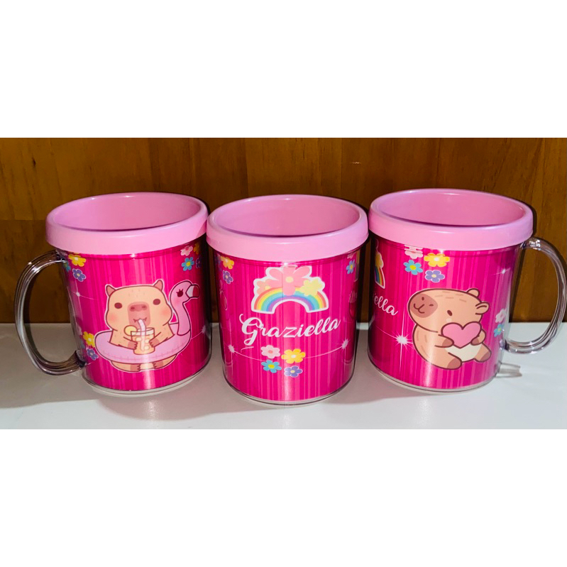 10 canecas acrílica personalizada para festa infantil lembrancinha Capivara Rosa