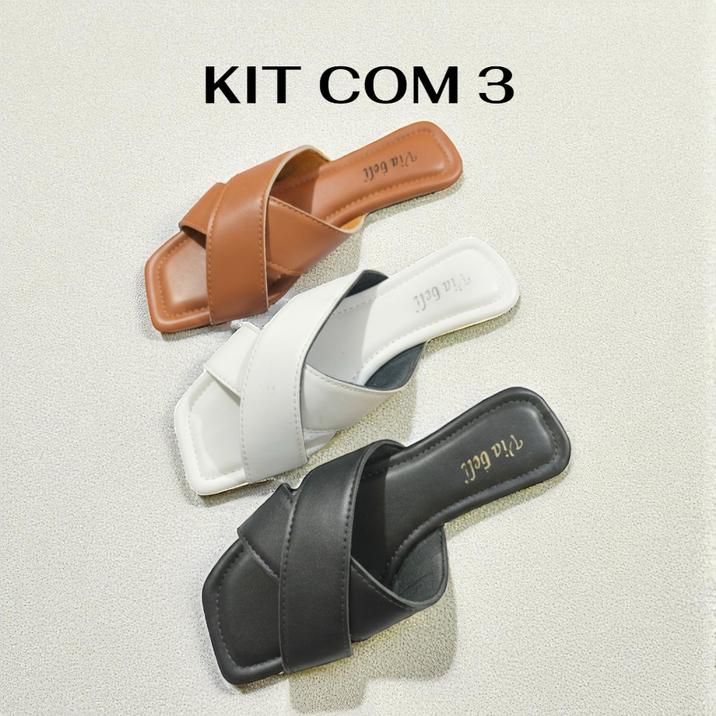 Kit 3 Sandálias Rasteirinha Feminina Cruzada Confortável Macia Verão Moda Blogueira em Oferta na Shopee