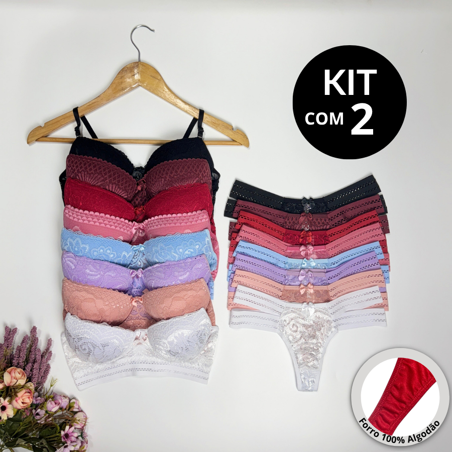 KIT C/ 2 Conjuntos Diva 2 Tiras Laterais Sutiã Com Calcinha Super Conforto Lingerie Roupa Cropedd
