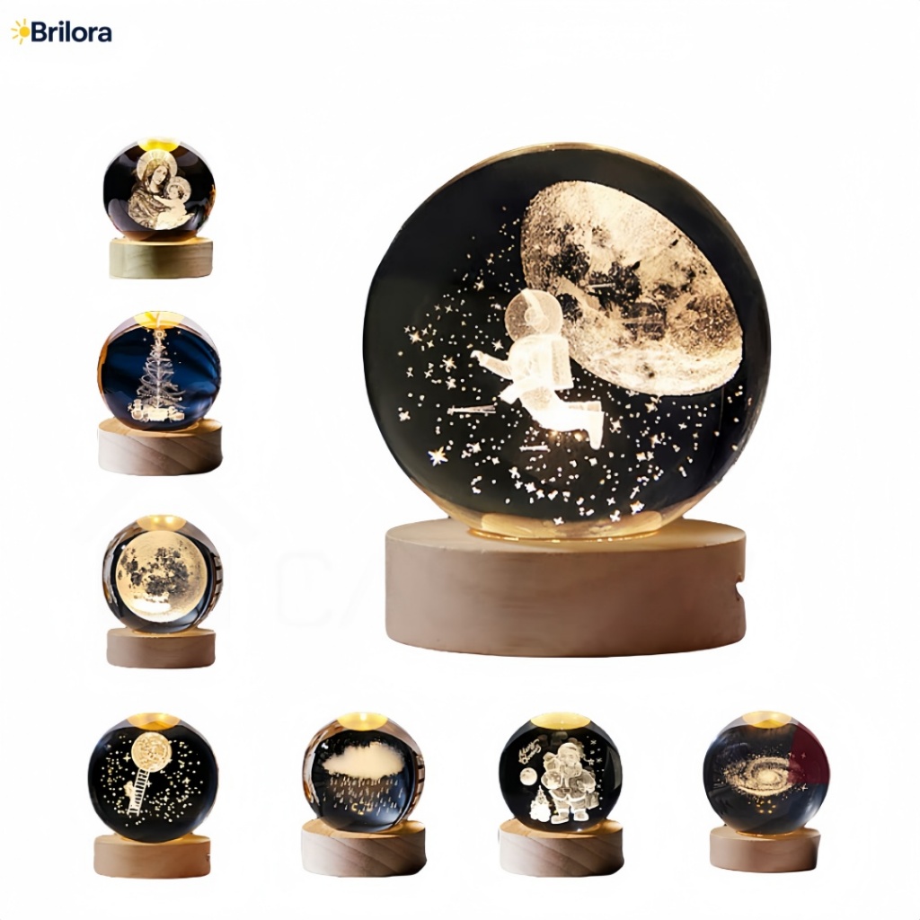Luminária de Mesa Cristal LED com Base de Madeira Decoração Sistema Solar, Lua e Galáxia em Oferta na Shopee