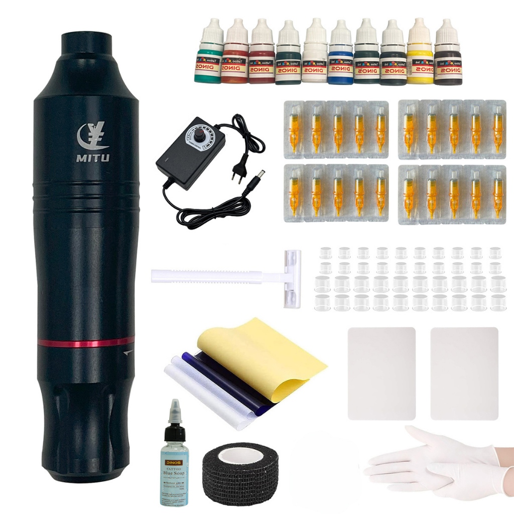 MITU Tattoo Para Iniciantes Kit De MáQuina De Tatuagem De Cartucho Com Tattoo Inks De Caneta Para Fonte De Alimentaçã