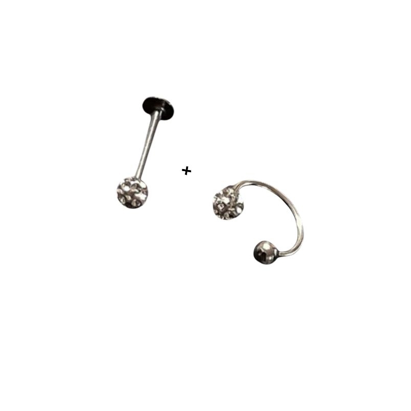 2 piercings aço cirúrgico multistrass ferradura e labret