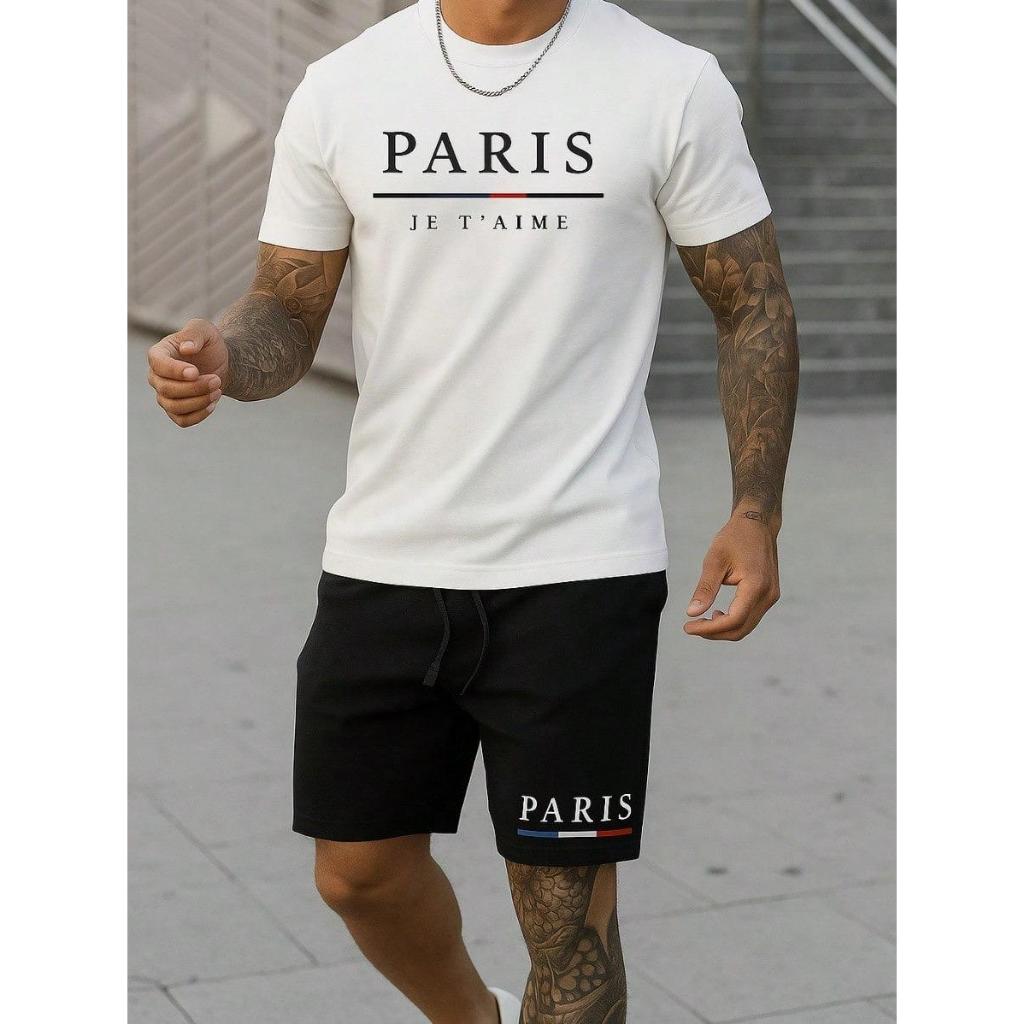 Conjunto Camiseta e Bermuda de Moletom Despojado Estiloso Estampado Paris