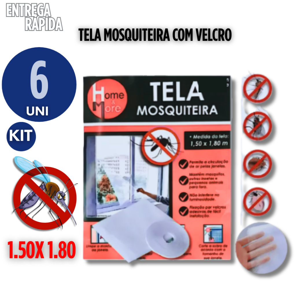 Kit de seis telas mosquiteiras 150 x 180 cm com velcro adesivo para janela de apartamento