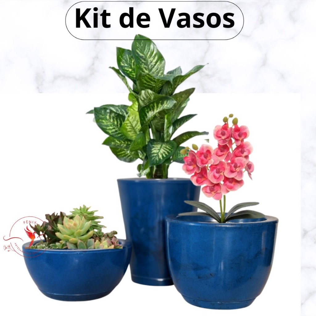 Kit 3 vasos de polietileno Marmorizado para plantas decorativo N1 N2 N3 em Oferta na Shopee