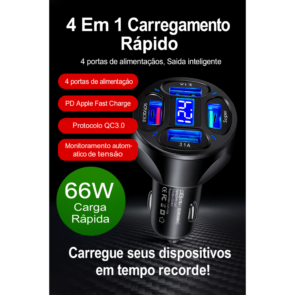Carregador Veicular Rápido 4 Portas Usb Turbo Carro Android Iphone Tomada Usb Automotivo 66W QC 3.0 — imagem 2 de 2