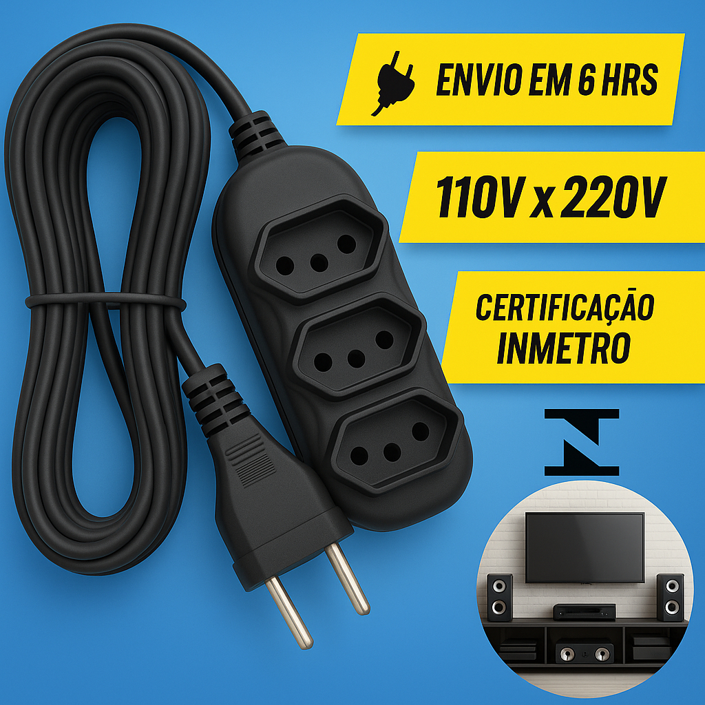 Extensão Elétrica Bivolt 110/220 10A Tomada Tripolares Preta Resistente