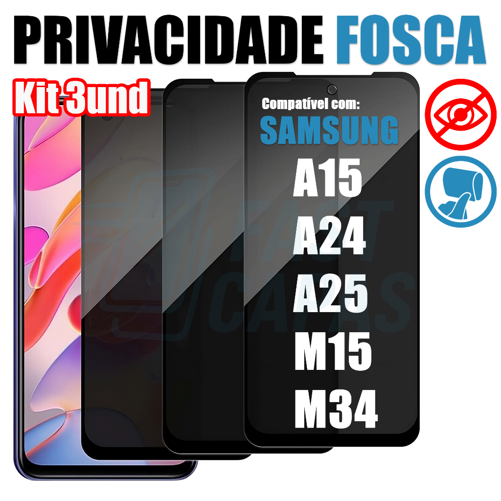 Kit 3 Película Privacidade Fosca p/ Samsung Galaxy A15 A24 A25 M15 M34 - Anti-Espião Anti-Reflexo em Oferta na Shopee