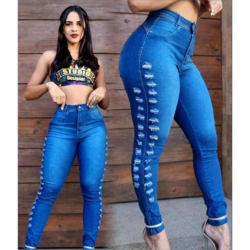 calca fem studio jeans premium corte lateral delave