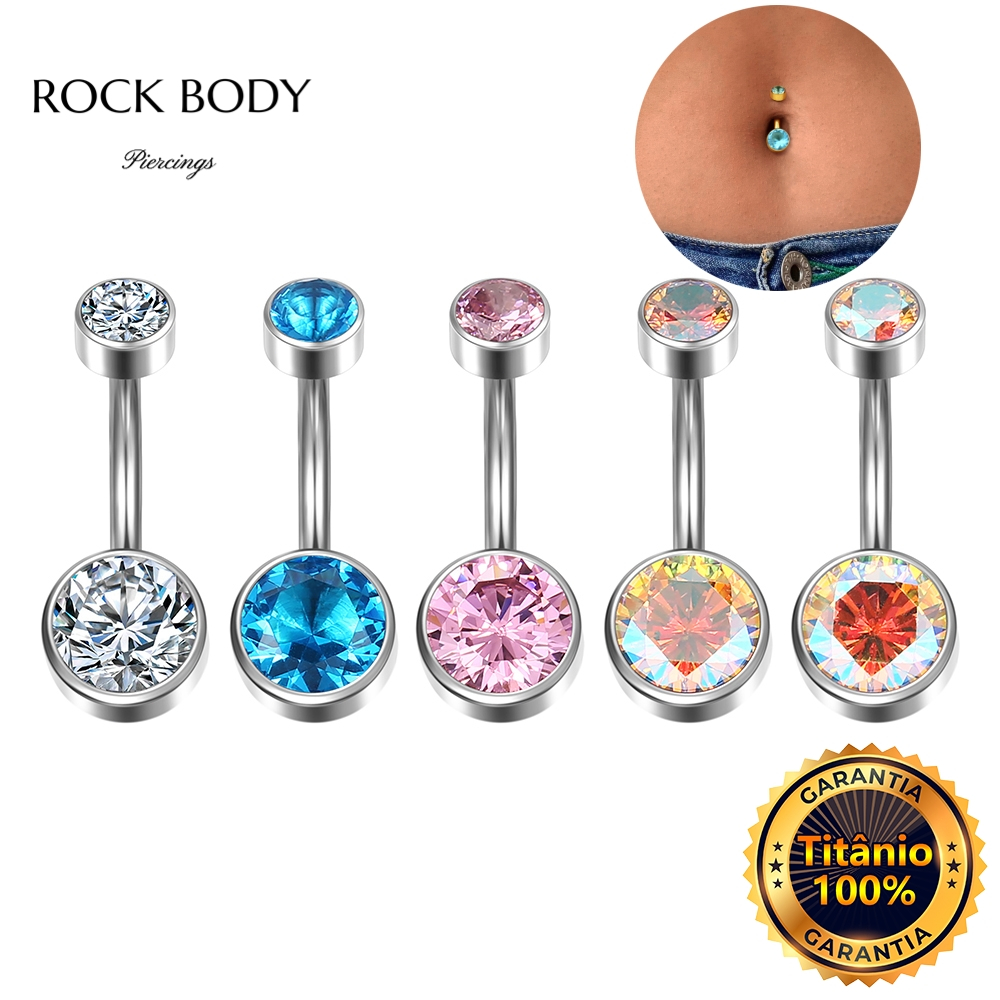 Piercing Umbigo Banana Titânio 2 Pedras Zircônia umbigo em Oferta na Shopee
