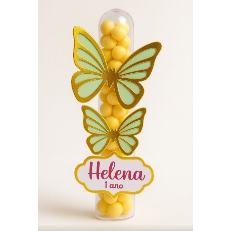 Aplique para Tubetes Borboleta 3D Dourada Personalizada com Tag –Lembrancinha - Jardim Encantado - Jardim das Borboletas