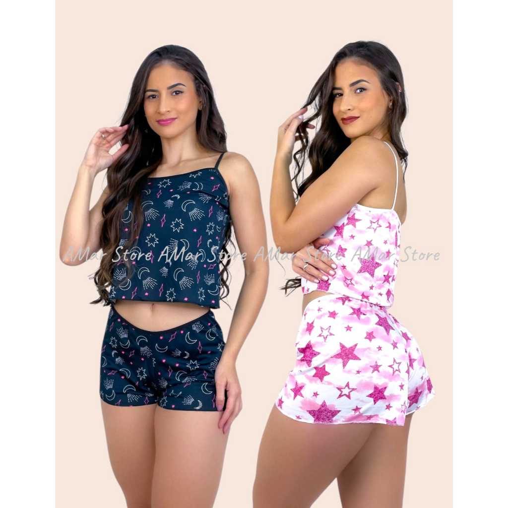 2 Conjuntos Pijama Virgínia Baby Doll Micro Feminino Blusa Curta em Oferta na Shopee