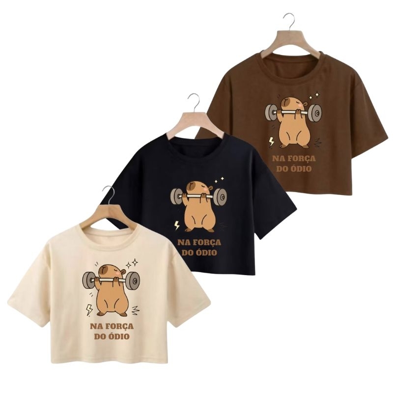 Kit 3 Cropped Feminino Academia Capivara Estampado Algodão Manga Curta Confortável