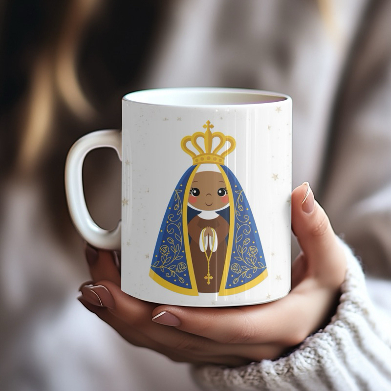 Caneca Xícara Nossa Senhora Aparecida 325ml Porcelana Personalizada Religiosa Católica Presente