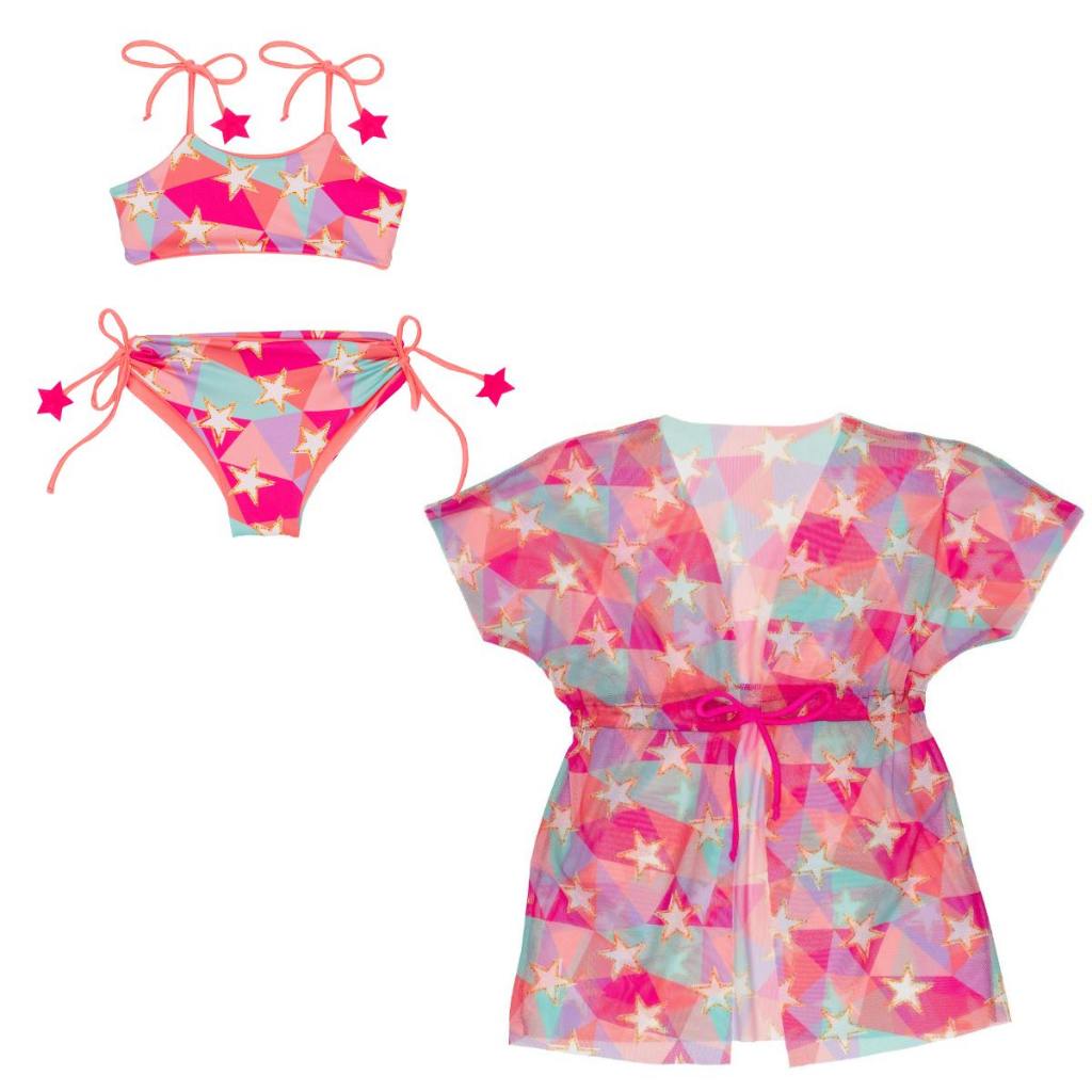 Biquíni Dupla Face + Vestido Saída De Praia Piscina Infantil Menina Verão Tule