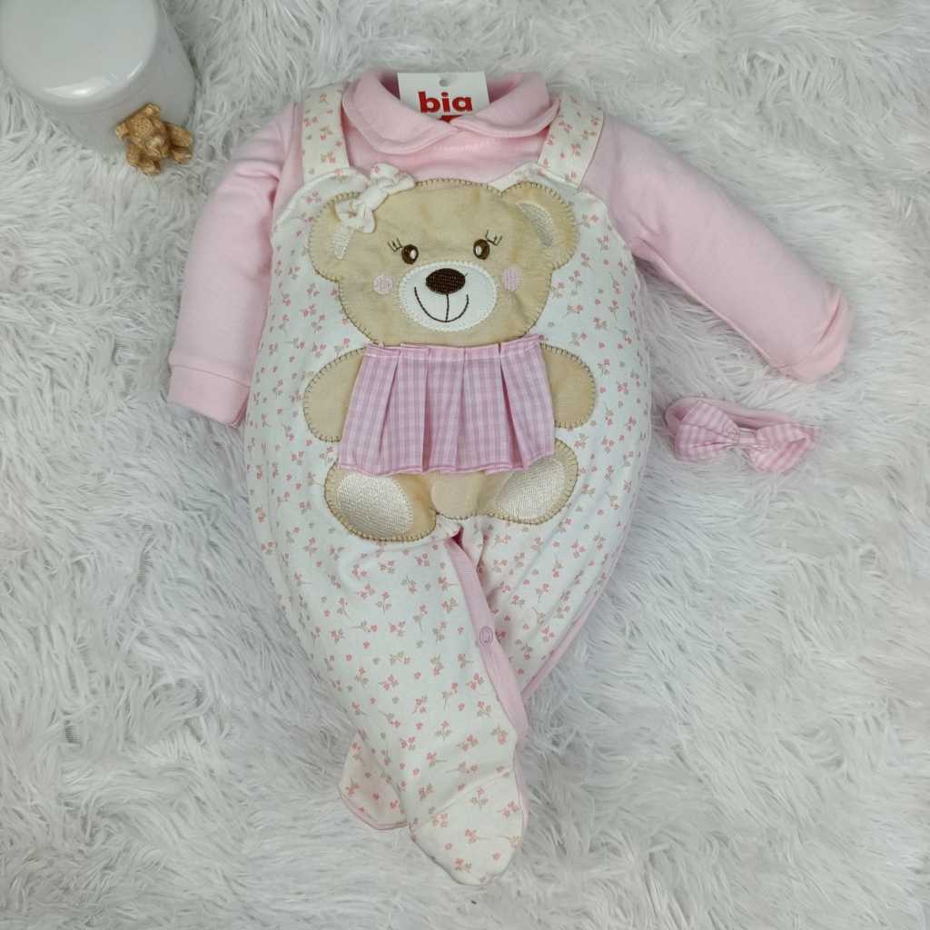 Macacão Bebê Menina Encanto Floral Bordado Ursinha Delicado