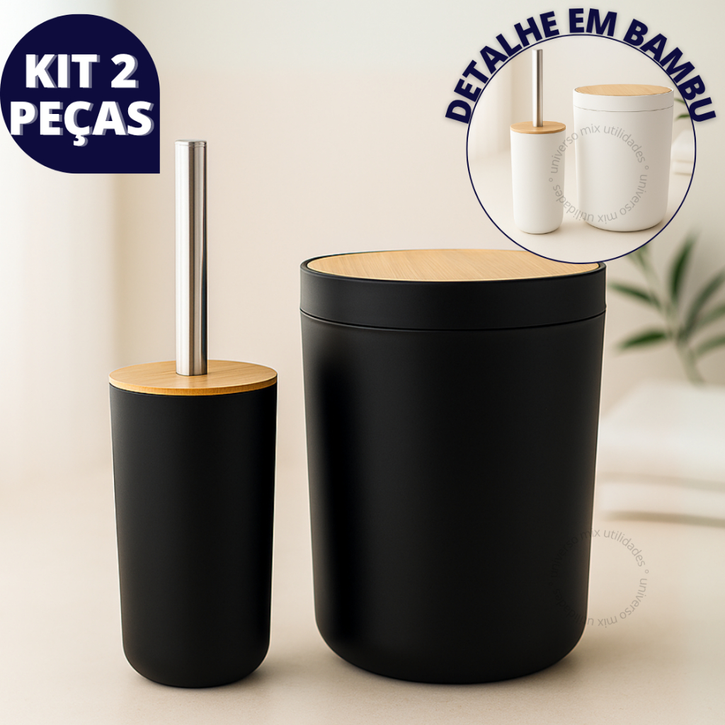 Kit 2 Peças Banheiro Lixeira C/ Tampa Escova Sanitaria Detalhes Em Bambu Luxo