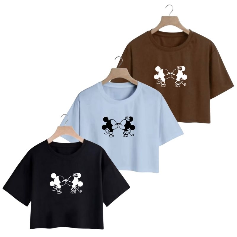 Kit 3 Blusinha Cropped Feminino Casal Mickey e Minnie Algodão Estampado Manguinha