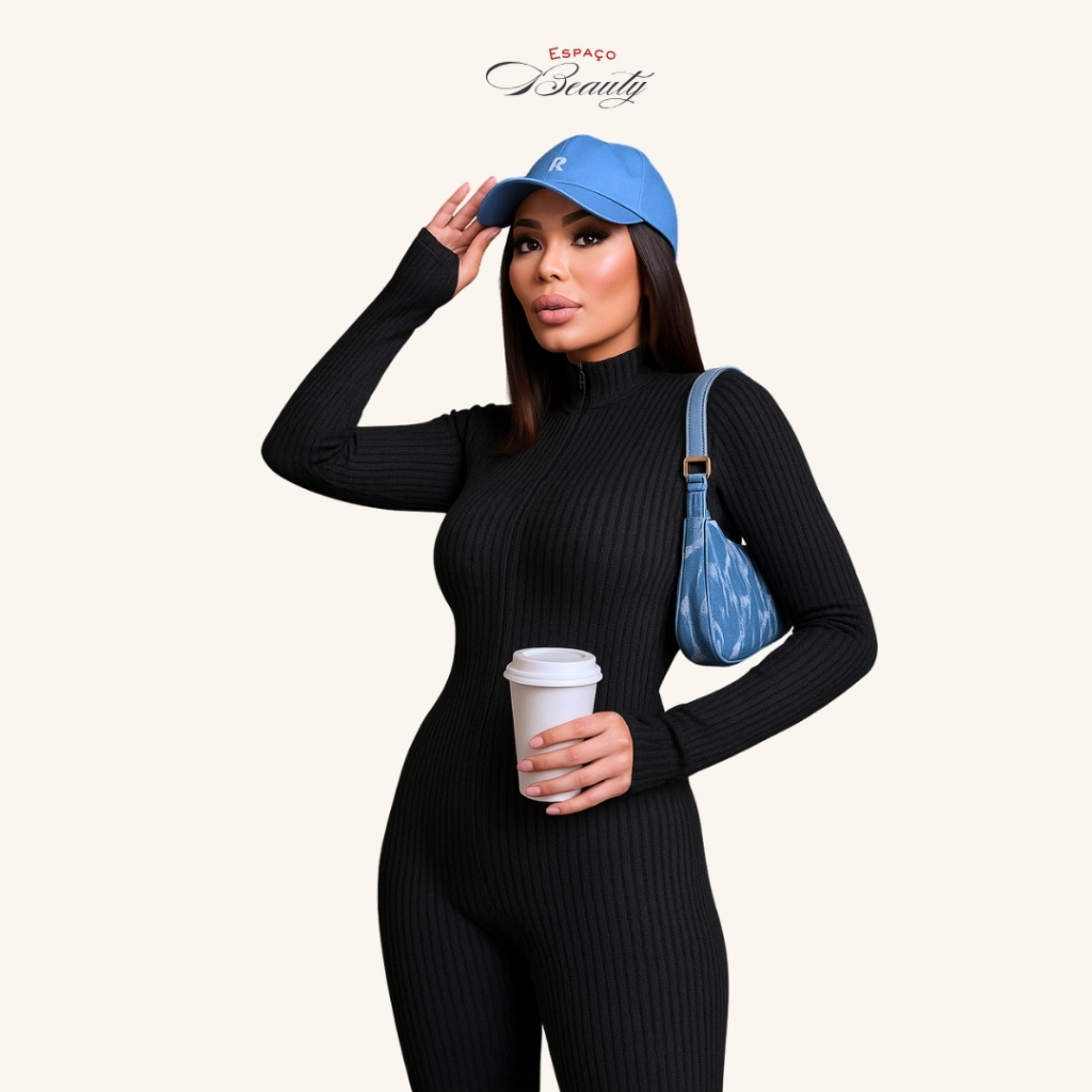 Macacão Feminino Manga Longa Canelado Gringa Virginia Premium