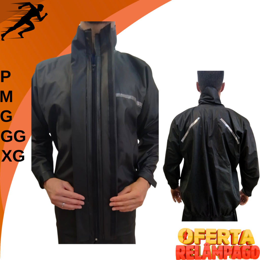 Blusão Jaqueta De Pvc Preto Impermeável Para Chuva Motoqueiro Motoboy Com Gola e Fita Luminosa em Oferta na Shopee
