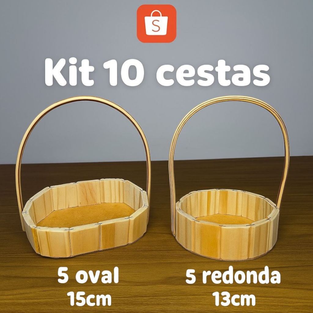 Kit 10 Cestas de Madeira 5 Oval e 5 Redonda com Alça para Presente Natal Cesta Cosmetico em Oferta na Shopee