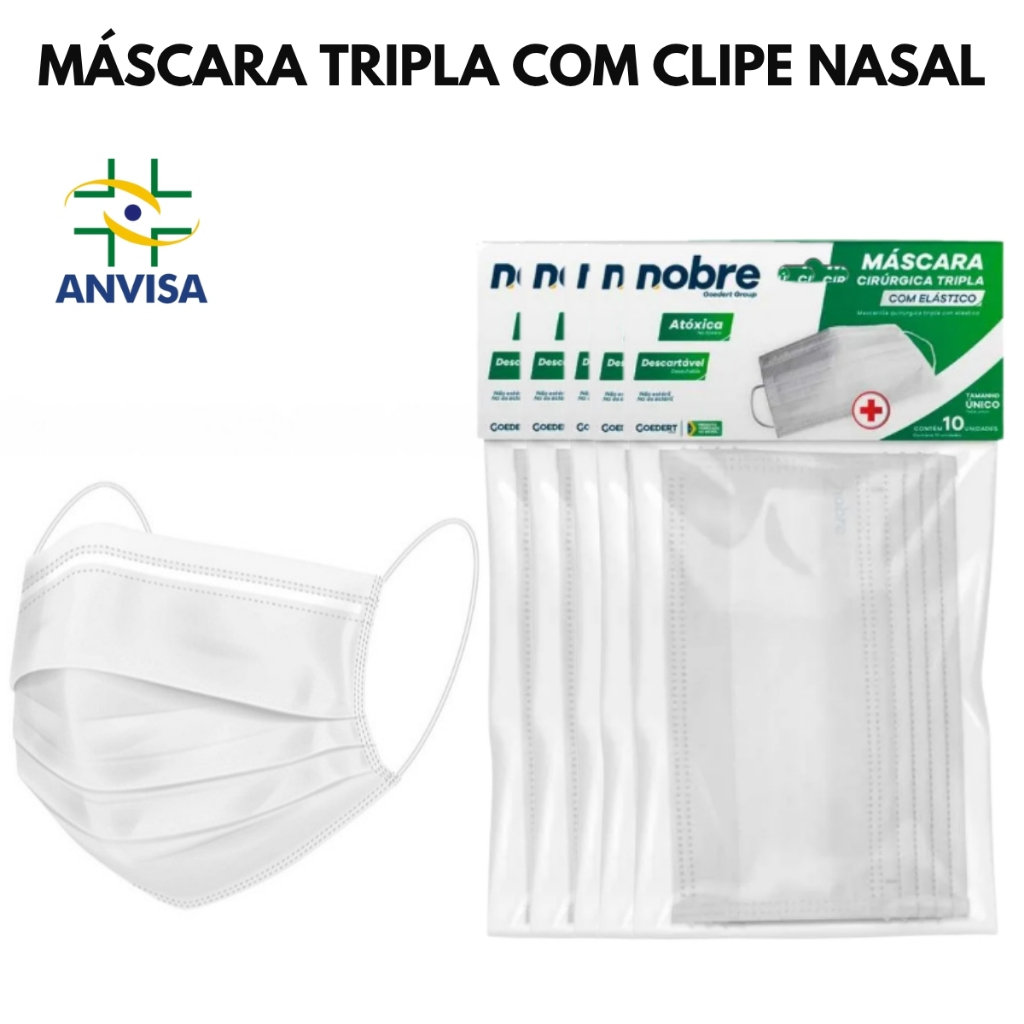 Kit 50 unidades de Máscara Tripla Descartável Proteção Com Clipe Nasal e ANVISA