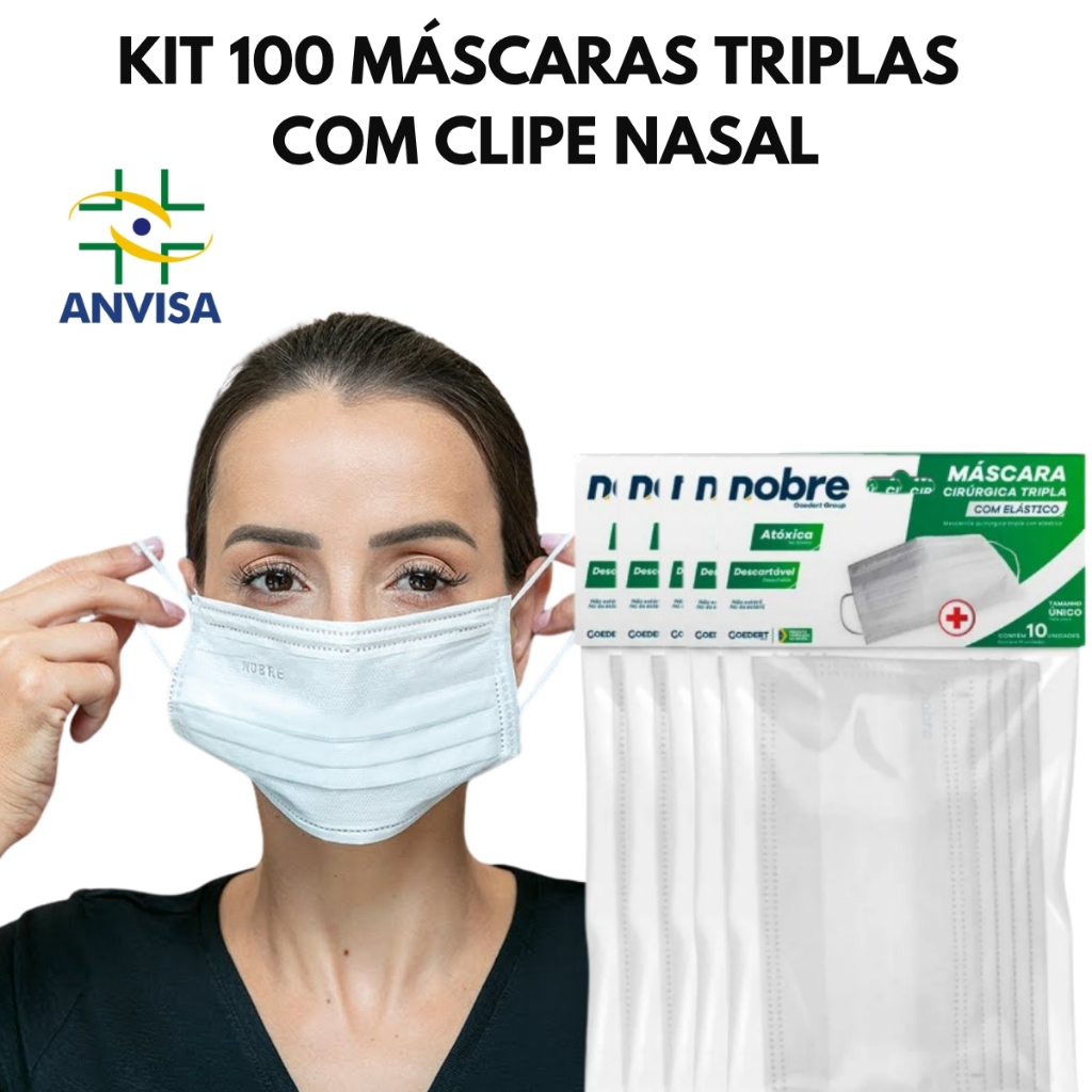 Kit 100 Máscara Descartável Tripla com Elástico Premium