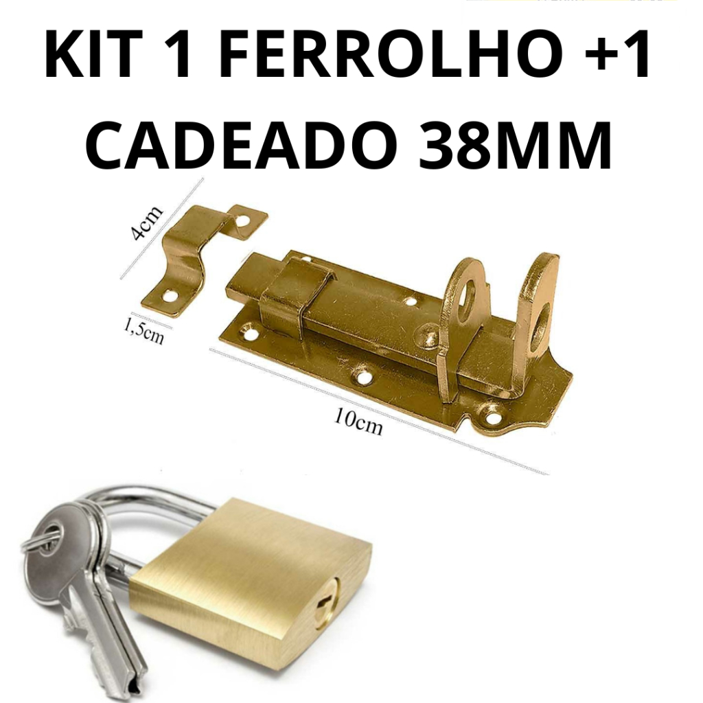 Kit Ferrolho Trinco Chato 4mm de Aço Para Portão + 1 Cadeado 38mm