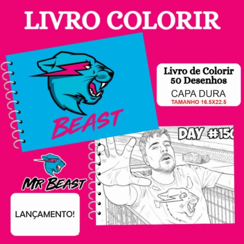 LIVRO DE COLORIR MR BEAST/CAPA DURA/WIRE-O/50 PÁGINAS 150GR PAPEL CARTÃO TAMANHO 22.5X16.5