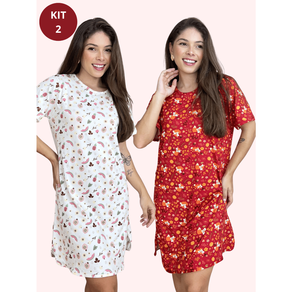 KIT C/ 2 Camisola Virginia Manga Curta Suede Noite Pijama Roupa Para Dormir Camisao em Oferta na Shopee