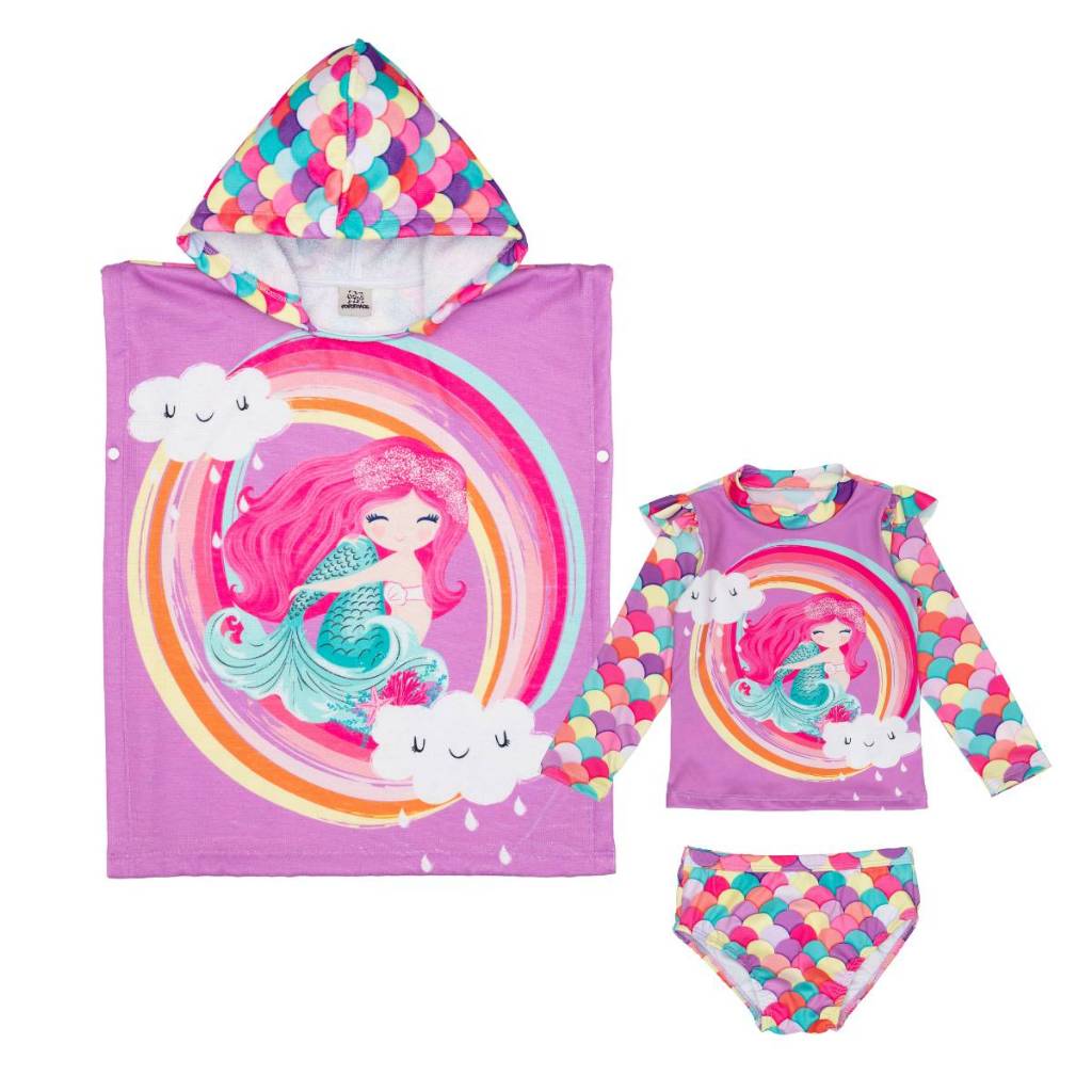 Kit Poncho Atoalhado Saída de Praia Algodão + Conjunto Menina Infantil Proteção Solar Uv
