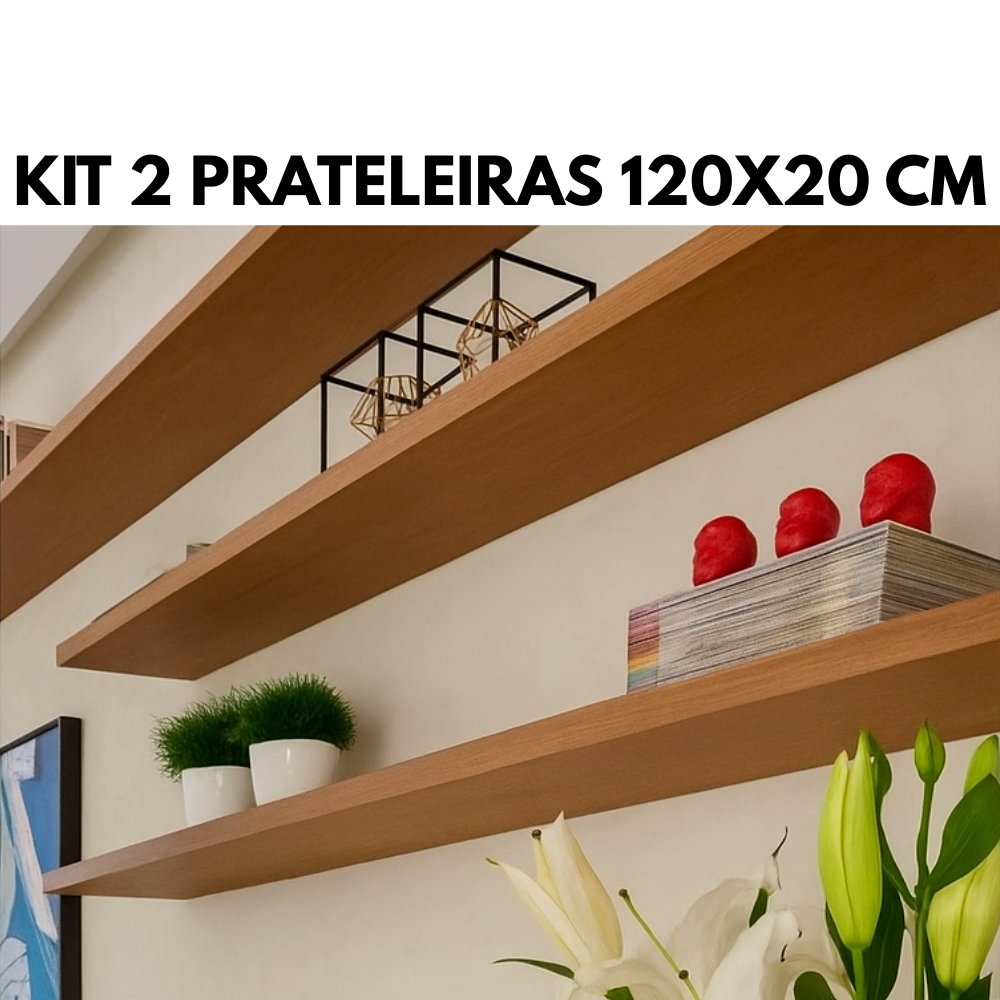Kit 2 Prateleira Mdf 120x20 Suporte Invisível Na Cor Freijó