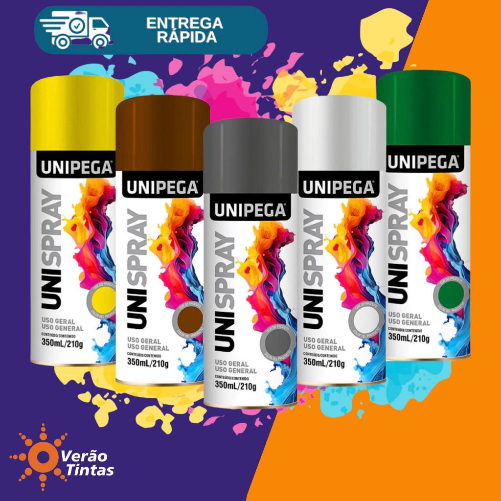 TINTA SPRAY UNIPEGA USO GERAL BRILHANTE 350ML VÁRIAS CORES em Oferta na Shopee