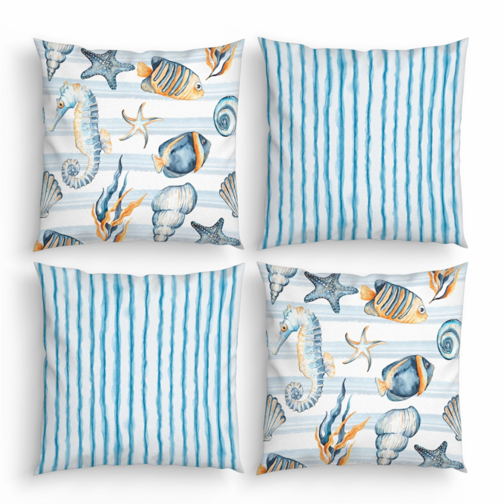 Kit 4 Capas de Almofadas Decorativas 45cm Mar Peixes Listras Azuis