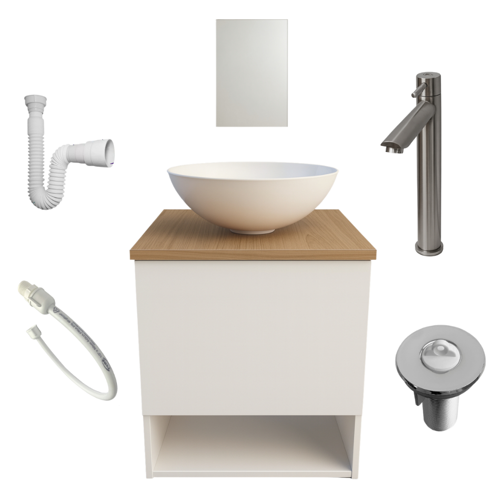 Kit Gabinete Armário Banheiro 40cm Cuba Torneira Válvula Espelho Engate Sifão Lavabo Pia Conjunto